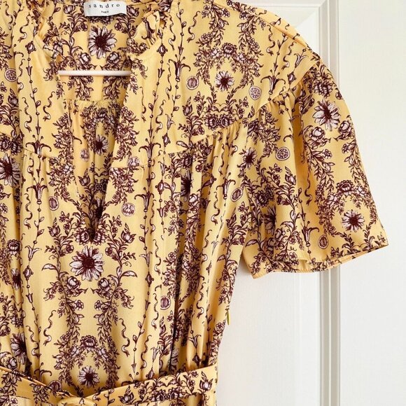 SANDRO Suzette Belted Floral Print Satin-Twill Mini Dress in Yellow Size S - Picture 5 of 9
